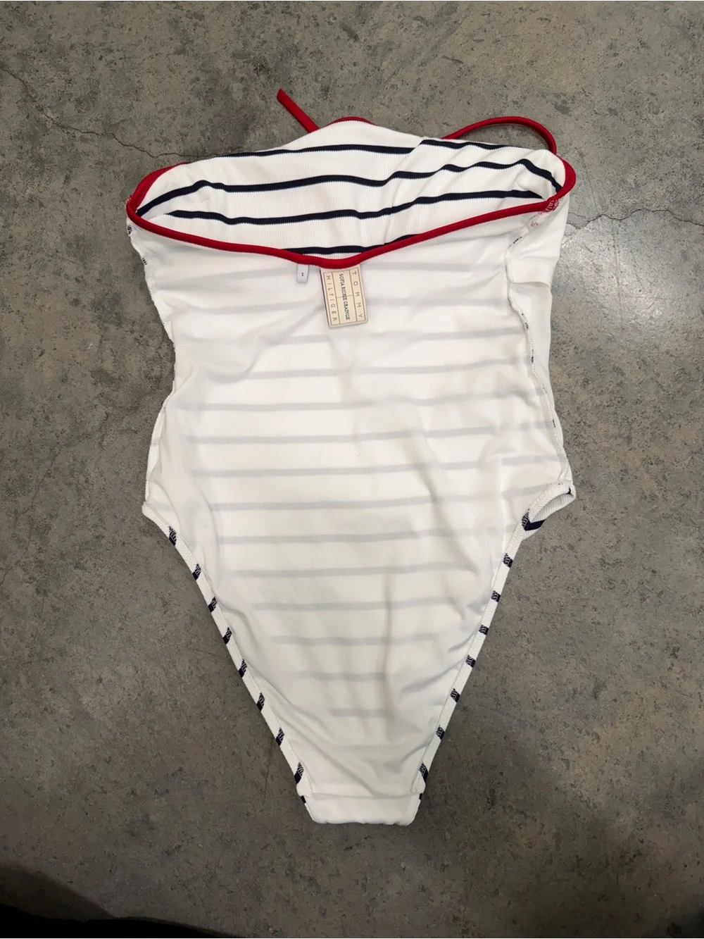 Tommy Hilfiger White and Navy Striped One-Piece Swimsuit with Red Trim/ Belt